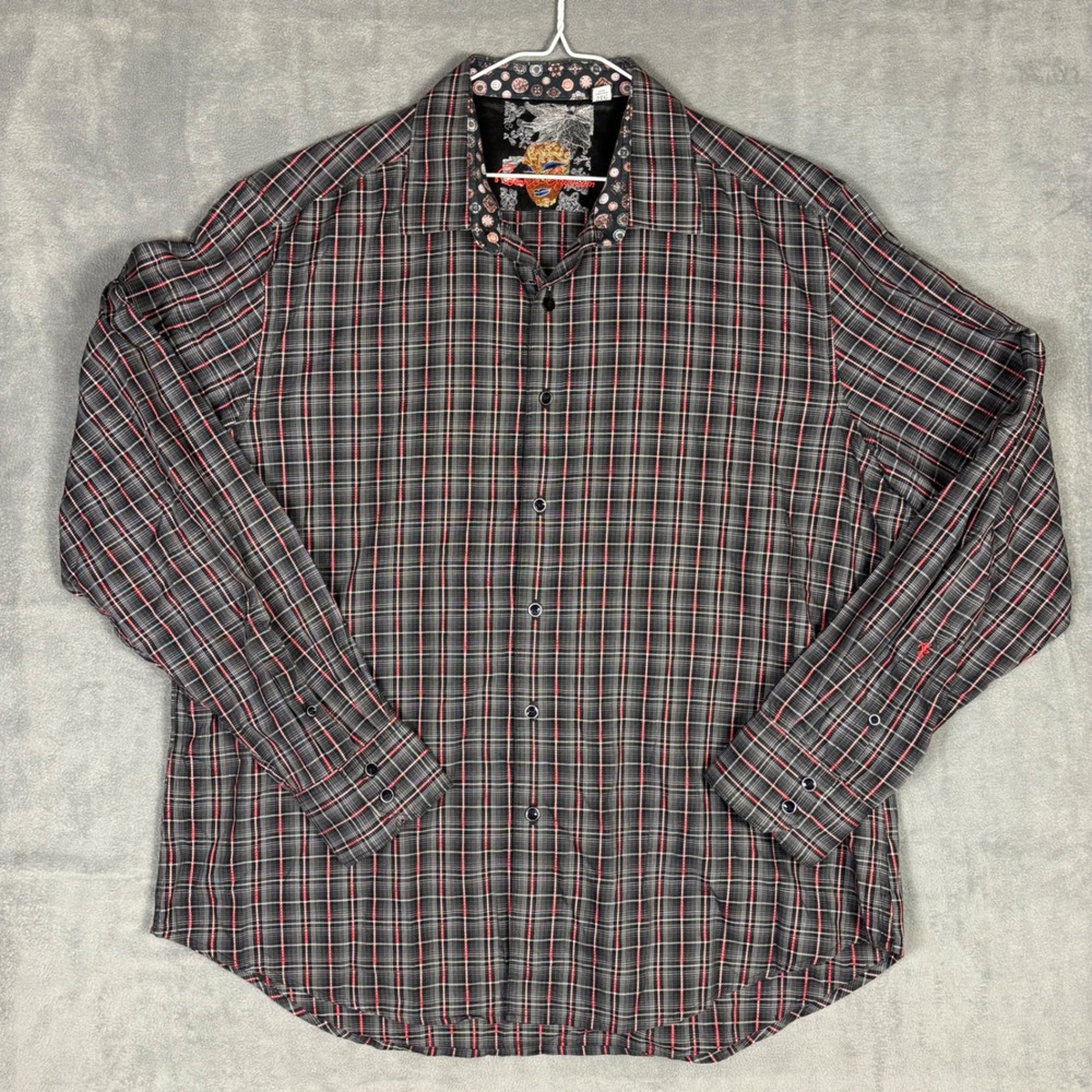 Robert Graham Mens 2XL Classic Fit Plaid Button Down Shirt Black Grey Red Mask
